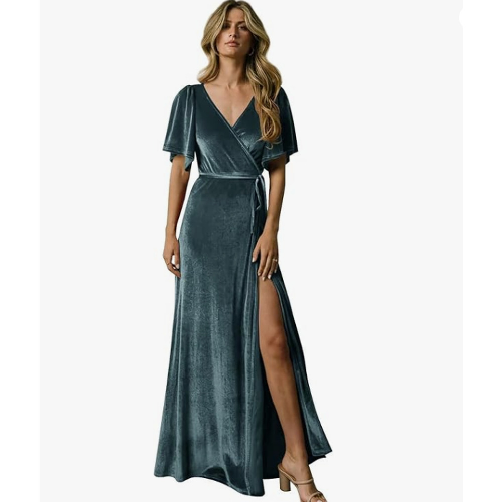 Women's Green BOHO Flutter Sleeve Bridesmaid Dress Velvet V Neck Formal Size 14